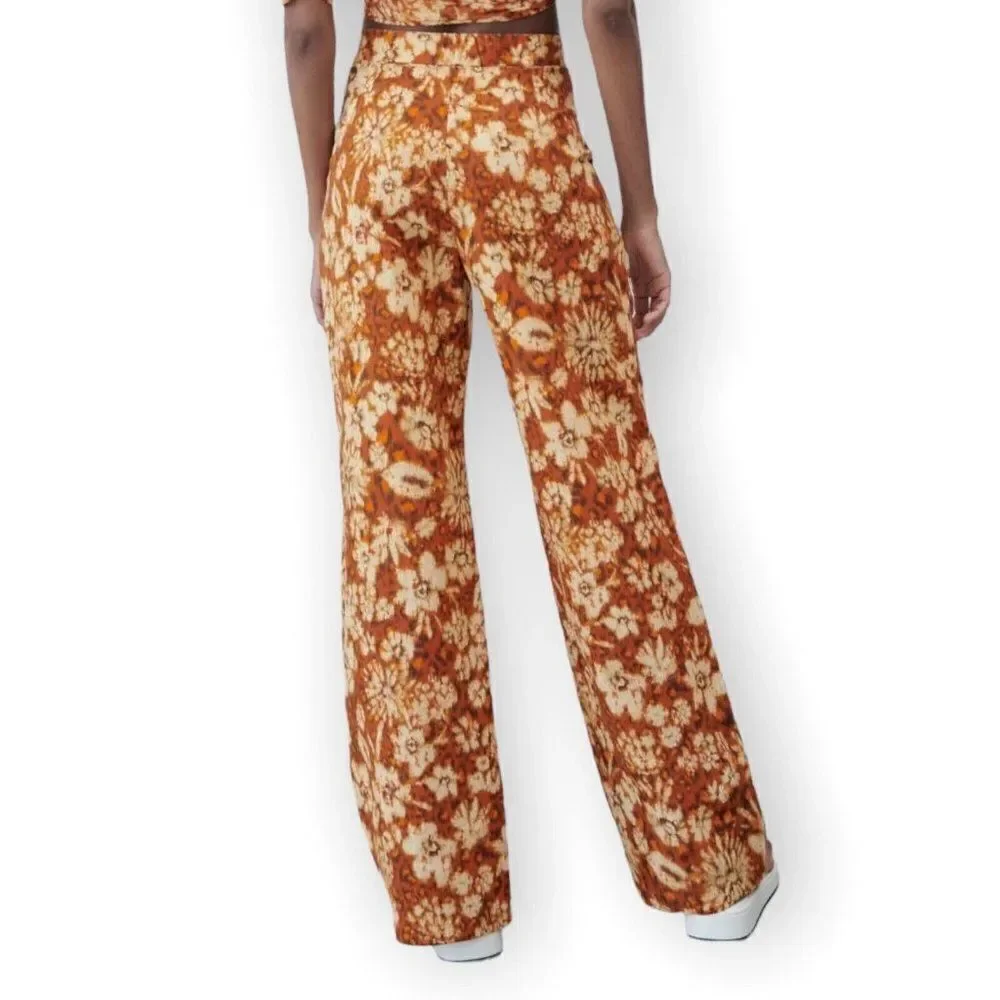 Zara Linen Blend Floral Wide Leg High Rise‎ Pants Boho Summer Festival Womens XS